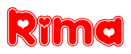 The image is a clipart featuring the word Rima written in a stylized font with a heart shape replacing inserted into the center of each letter. The color scheme of the text and hearts is red with a light outline.
