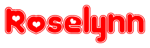 The image is a red and white graphic with the word Roselynn written in a decorative script. Each letter in  is contained within its own outlined bubble-like shape. Inside each letter, there is a white heart symbol.
