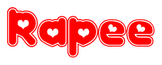 The image is a clipart featuring the word Rapee written in a stylized font with a heart shape replacing inserted into the center of each letter. The color scheme of the text and hearts is red with a light outline.