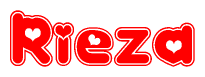 The image is a red and white graphic with the word Rieza written in a decorative script. Each letter in  is contained within its own outlined bubble-like shape. Inside each letter, there is a white heart symbol.
