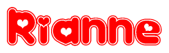 The image is a red and white graphic with the word Rianne written in a decorative script. Each letter in  is contained within its own outlined bubble-like shape. Inside each letter, there is a white heart symbol.