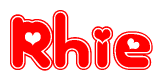 The image displays the word Rhie written in a stylized red font with hearts inside the letters.