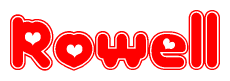 The image displays the word Rowell written in a stylized red font with hearts inside the letters.