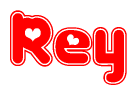 The image is a clipart featuring the word Rey written in a stylized font with a heart shape replacing inserted into the center of each letter. The color scheme of the text and hearts is red with a light outline.