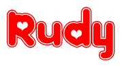 The image is a clipart featuring the word Rudy written in a stylized font with a heart shape replacing inserted into the center of each letter. The color scheme of the text and hearts is red with a light outline.