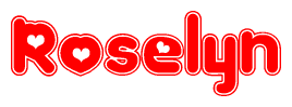 The image is a clipart featuring the word Roselyn written in a stylized font with a heart shape replacing inserted into the center of each letter. The color scheme of the text and hearts is red with a light outline.