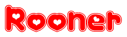 The image is a red and white graphic with the word Rooner written in a decorative script. Each letter in  is contained within its own outlined bubble-like shape. Inside each letter, there is a white heart symbol.