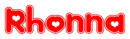   The image is a red and white graphic with the word Rhonna written in a decorative script. Each letter in  is contained within its own outlined bubble-like shape. Inside each letter, there is a white heart symbol. 
