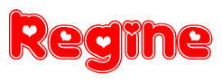 The image is a clipart featuring the word Regine written in a stylized font with a heart shape replacing inserted into the center of each letter. The color scheme of the text and hearts is red with a light outline.