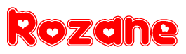 The image is a clipart featuring the word Rozane written in a stylized font with a heart shape replacing inserted into the center of each letter. The color scheme of the text and hearts is red with a light outline.
