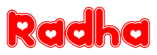 The image is a clipart featuring the word Radha written in a stylized font with a heart shape replacing inserted into the center of each letter. The color scheme of the text and hearts is red with a light outline.