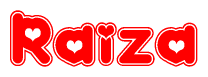 The image is a red and white graphic with the word Raiza written in a decorative script. Each letter in  is contained within its own outlined bubble-like shape. Inside each letter, there is a white heart symbol.