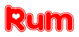 The image is a red and white graphic with the word Rum written in a decorative script. Each letter in  is contained within its own outlined bubble-like shape. Inside each letter, there is a white heart symbol.