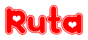 The image is a red and white graphic with the word Ruta written in a decorative script. Each letter in  is contained within its own outlined bubble-like shape. Inside each letter, there is a white heart symbol.