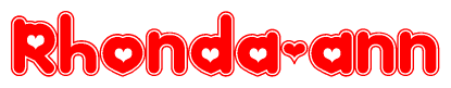The image is a red and white graphic with the word Rhonda-ann written in a decorative script. Each letter in  is contained within its own outlined bubble-like shape. Inside each letter, there is a white heart symbol.