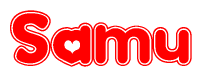 The image is a red and white graphic with the word Samu written in a decorative script. Each letter in  is contained within its own outlined bubble-like shape. Inside each letter, there is a white heart symbol.