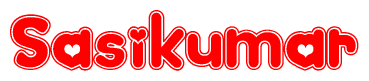 The image is a clipart featuring the word Sasikumar written in a stylized font with a heart shape replacing inserted into the center of each letter. The color scheme of the text and hearts is red with a light outline.