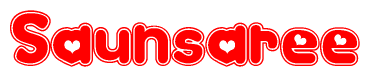 The image is a clipart featuring the word Saunsaree written in a stylized font with a heart shape replacing inserted into the center of each letter. The color scheme of the text and hearts is red with a light outline.