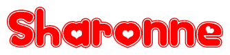 The image is a red and white graphic with the word Sharonne written in a decorative script. Each letter in  is contained within its own outlined bubble-like shape. Inside each letter, there is a white heart symbol.