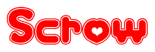 The image is a red and white graphic with the word Scrow written in a decorative script. Each letter in  is contained within its own outlined bubble-like shape. Inside each letter, there is a white heart symbol.