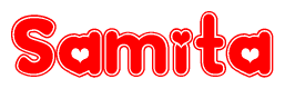 The image is a red and white graphic with the word Samita written in a decorative script. Each letter in  is contained within its own outlined bubble-like shape. Inside each letter, there is a white heart symbol.