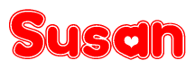 The image is a red and white graphic with the word Susan written in a decorative script. Each letter in  is contained within its own outlined bubble-like shape. Inside each letter, there is a white heart symbol.