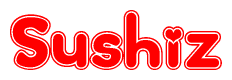 The image is a red and white graphic with the word Sushiz written in a decorative script. Each letter in  is contained within its own outlined bubble-like shape. Inside each letter, there is a white heart symbol.