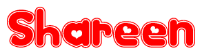The image is a clipart featuring the word Shareen written in a stylized font with a heart shape replacing inserted into the center of each letter. The color scheme of the text and hearts is red with a light outline.