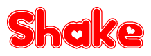 The image is a red and white graphic with the word Shake written in a decorative script. Each letter in  is contained within its own outlined bubble-like shape. Inside each letter, there is a white heart symbol.