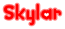 The image is a clipart featuring the word Skylar written in a stylized font with a heart shape replacing inserted into the center of each letter. The color scheme of the text and hearts is red with a light outline.