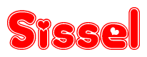 The image is a red and white graphic with the word Sissel written in a decorative script. Each letter in  is contained within its own outlined bubble-like shape. Inside each letter, there is a white heart symbol.