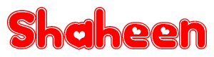 The image is a red and white graphic with the word Shaheen written in a decorative script. Each letter in  is contained within its own outlined bubble-like shape. Inside each letter, there is a white heart symbol.