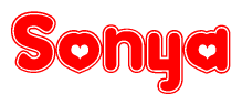 The image is a red and white graphic with the word Sonya written in a decorative script. Each letter in  is contained within its own outlined bubble-like shape. Inside each letter, there is a white heart symbol.