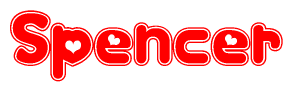 The image is a red and white graphic with the word Spencer written in a decorative script. Each letter in  is contained within its own outlined bubble-like shape. Inside each letter, there is a white heart symbol.