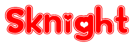 The image is a clipart featuring the word Sknight written in a stylized font with a heart shape replacing inserted into the center of each letter. The color scheme of the text and hearts is red with a light outline.