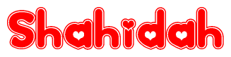 The image displays the word Shahidah written in a stylized red font with hearts inside the letters.