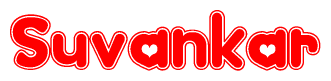 The image is a red and white graphic with the word Suvankar written in a decorative script. Each letter in  is contained within its own outlined bubble-like shape. Inside each letter, there is a white heart symbol.