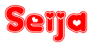 The image is a red and white graphic with the word Seija written in a decorative script. Each letter in  is contained within its own outlined bubble-like shape. Inside each letter, there is a white heart symbol.
