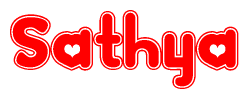 The image is a red and white graphic with the word Sathya written in a decorative script. Each letter in  is contained within its own outlined bubble-like shape. Inside each letter, there is a white heart symbol.