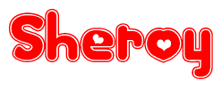 The image is a red and white graphic with the word Sheroy written in a decorative script. Each letter in  is contained within its own outlined bubble-like shape. Inside each letter, there is a white heart symbol.