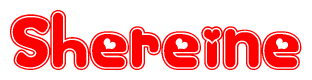 The image is a red and white graphic with the word Shereine written in a decorative script. Each letter in  is contained within its own outlined bubble-like shape. Inside each letter, there is a white heart symbol.
