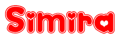 The image is a red and white graphic with the word Simira written in a decorative script. Each letter in  is contained within its own outlined bubble-like shape. Inside each letter, there is a white heart symbol.