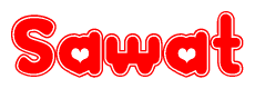 The image is a red and white graphic with the word Sawat written in a decorative script. Each letter in  is contained within its own outlined bubble-like shape. Inside each letter, there is a white heart symbol.