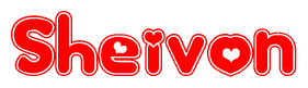 The image is a red and white graphic with the word Sheivon written in a decorative script. Each letter in  is contained within its own outlined bubble-like shape. Inside each letter, there is a white heart symbol.