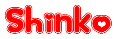 The image is a red and white graphic with the word Shinko written in a decorative script. Each letter in  is contained within its own outlined bubble-like shape. Inside each letter, there is a white heart symbol.