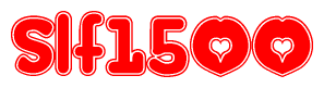 The image displays the word Slf1500 written in a stylized red font with hearts inside the letters.