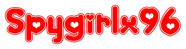 The image is a clipart featuring the word Spygirlx96 written in a stylized font with a heart shape replacing inserted into the center of each letter. The color scheme of the text and hearts is red with a light outline.