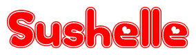 The image is a clipart featuring the word Sushelle written in a stylized font with a heart shape replacing inserted into the center of each letter. The color scheme of the text and hearts is red with a light outline.