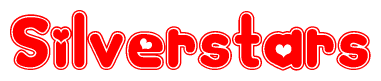 The image is a red and white graphic with the word Silverstars written in a decorative script. Each letter in  is contained within its own outlined bubble-like shape. Inside each letter, there is a white heart symbol.
