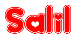 The image is a red and white graphic with the word Salil written in a decorative script. Each letter in  is contained within its own outlined bubble-like shape. Inside each letter, there is a white heart symbol.